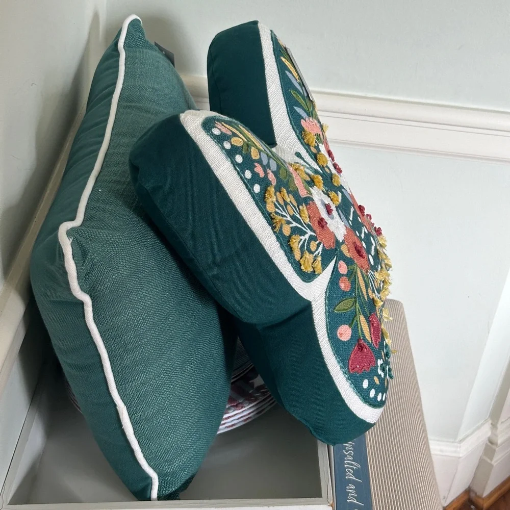 Floral Embroidered Accent Pillow Butterfly Shape 15 x 16 x 4 New With Tags Teal